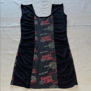Vixen Black Trim Mini Dress Ruched Sides And Central Panel With “Baby Girl” Text
